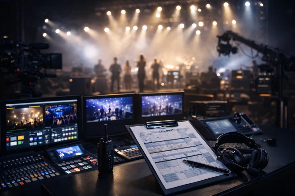 Regietafel met callsheet, monitors en headset tijdens live productie